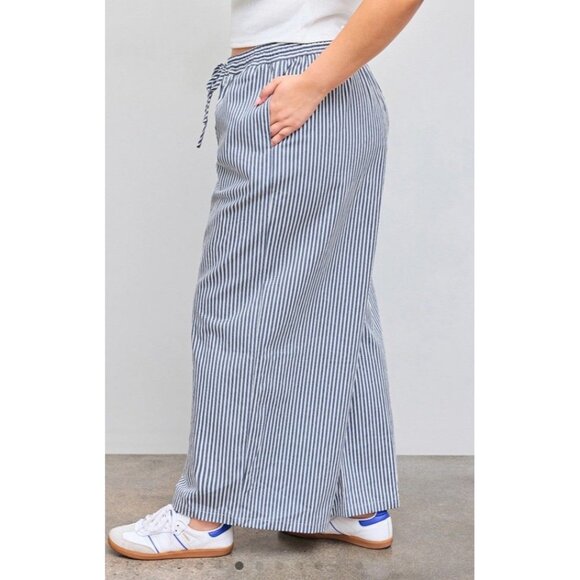 Plus Size NEW Cider 100% Cotton Mid Rise Striped Pocket Wide Leg Trousers Curve - Picture 2 of 8